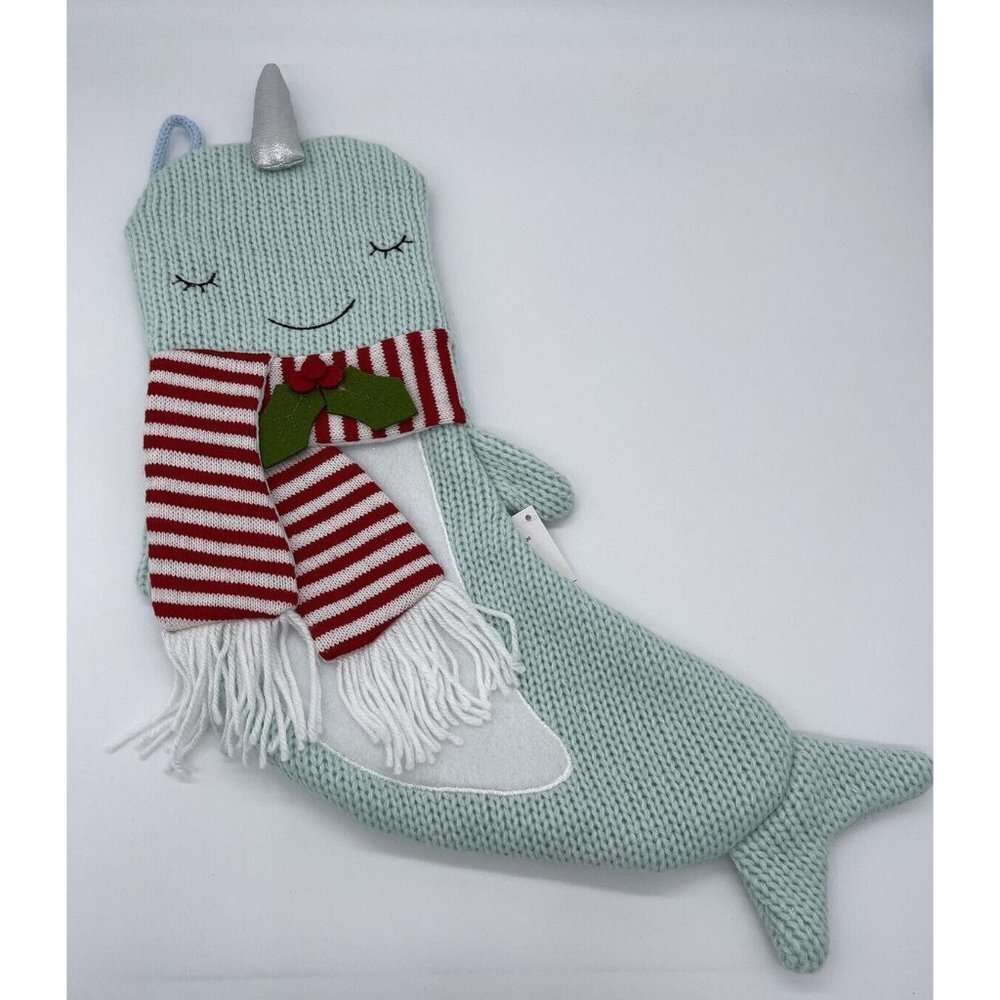 NWT Narwhal Crocheted Christmas Stocking Sparkly Seafoam Green 20"